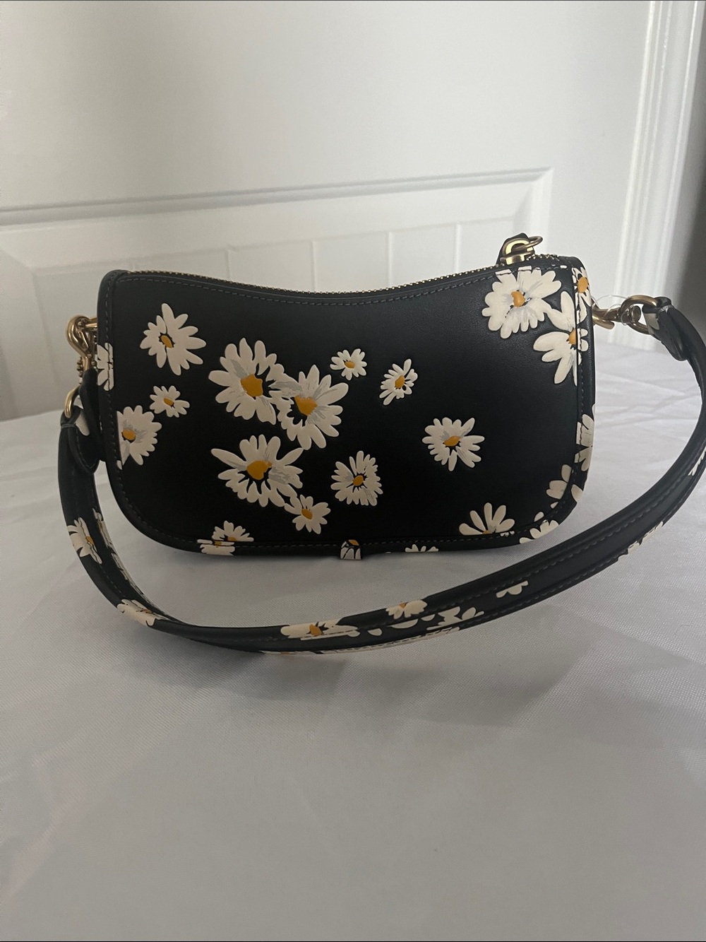 Coach Black Mini Shoulder Bag with White & Yellow Daisy Print